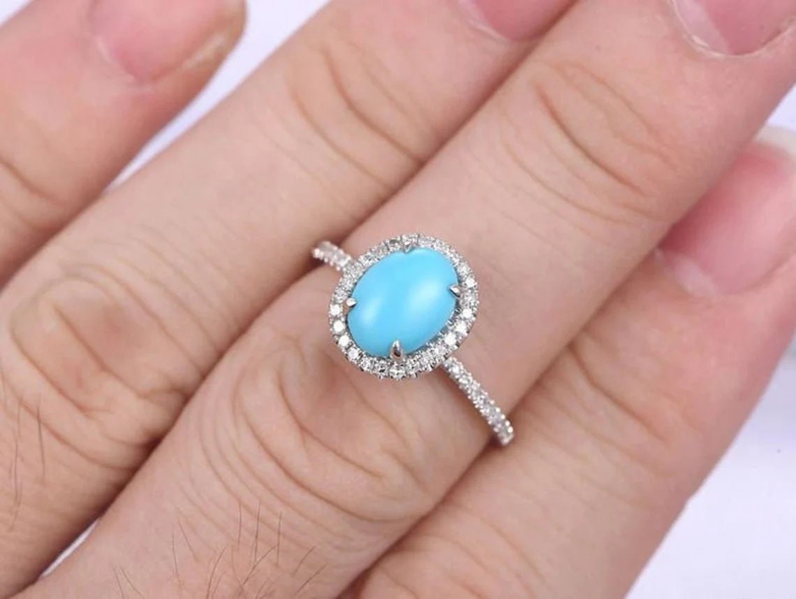 Turquoise Engagement Ring Turquoise Ring Wedding Ring Woman Ring Turquoise Halo Ring Promise Ring Gemstone Ring Gift for her Bold Ring