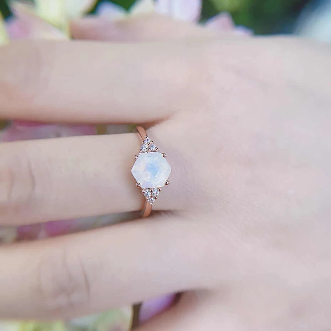 Hexagon Moonstone Gold Ring - Vintage Rainbow Blue Wedding Band