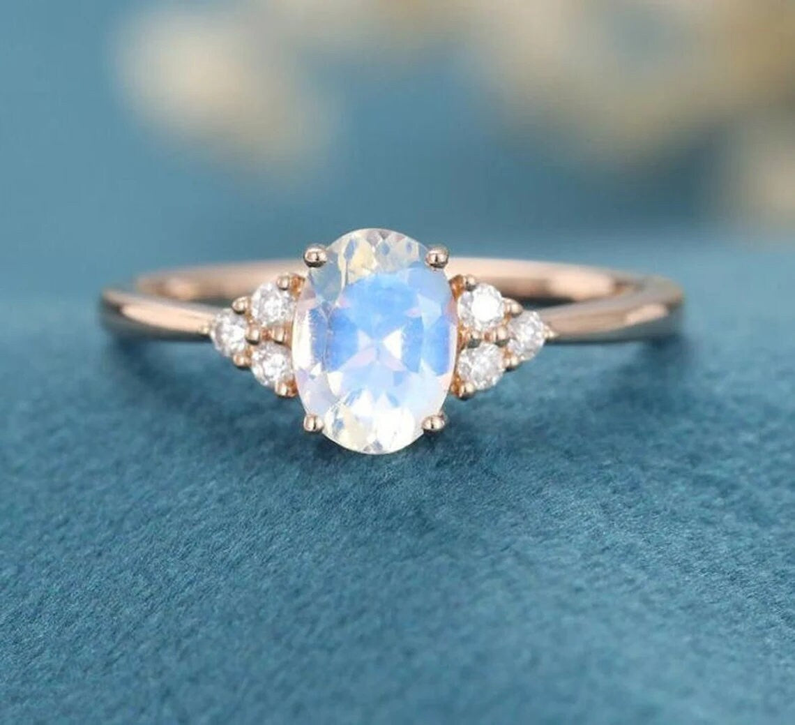 Vintage Rose Gold Moonstone Ring: Diamond Accent Twist Band