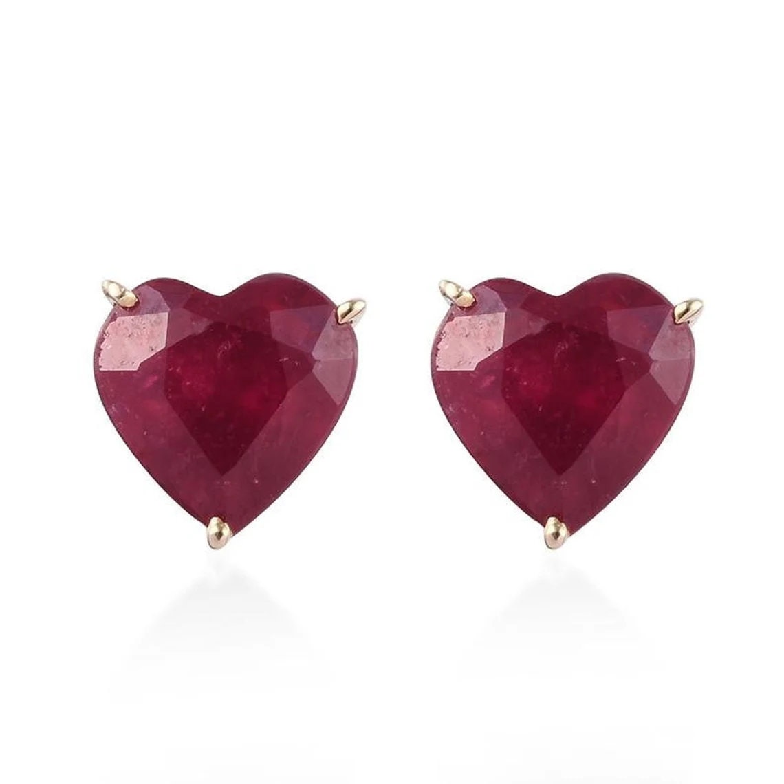 Ruby Heart Stud Earrings: 14K Yellow Gold Vermeil, Handmade