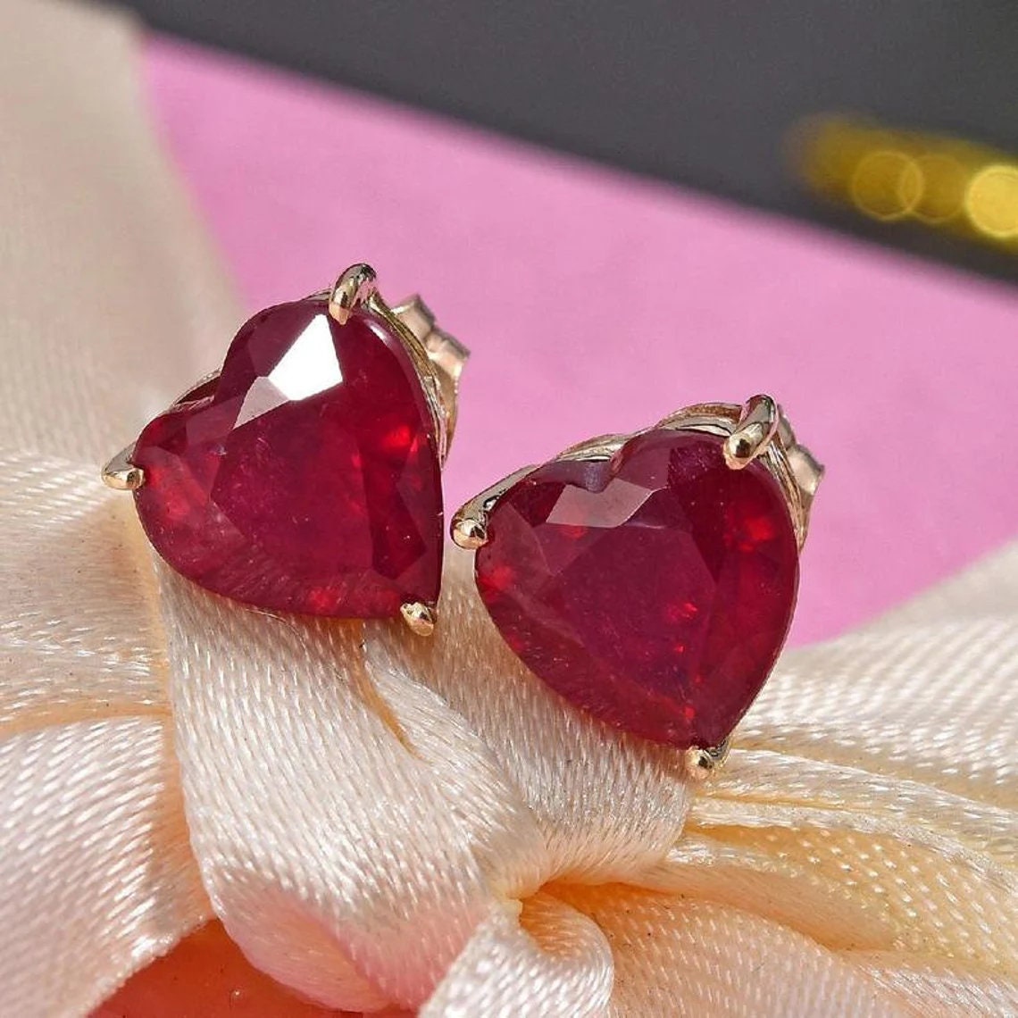 Ruby Heart Stud Earrings: 14K Yellow Gold Vermeil, Handmade