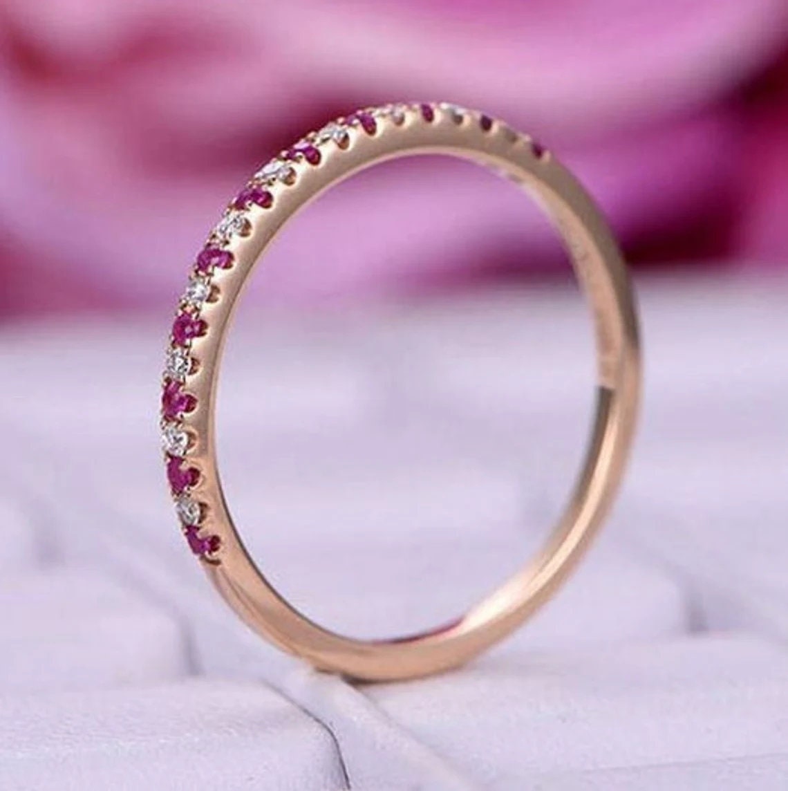 Pink Tourmaline and Diamond Band Ring,Rose Gold Band,Weddings Band Ring, Engagement Ring, Wedding Band,Anniversary Gift, Gift for Her