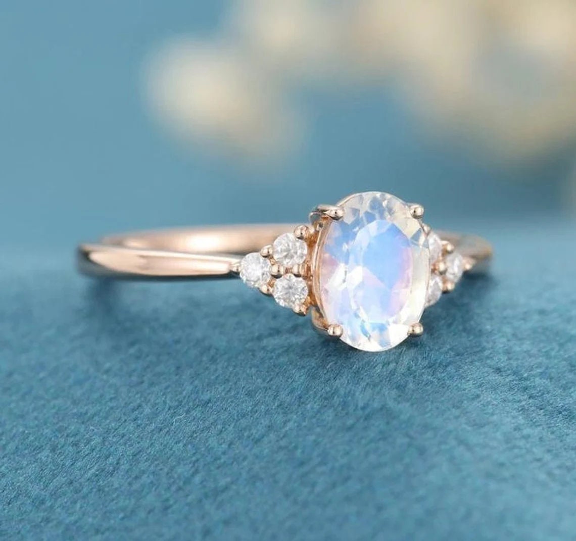 Vintage Rose Gold Moonstone Ring: Diamond Accent Twist Band