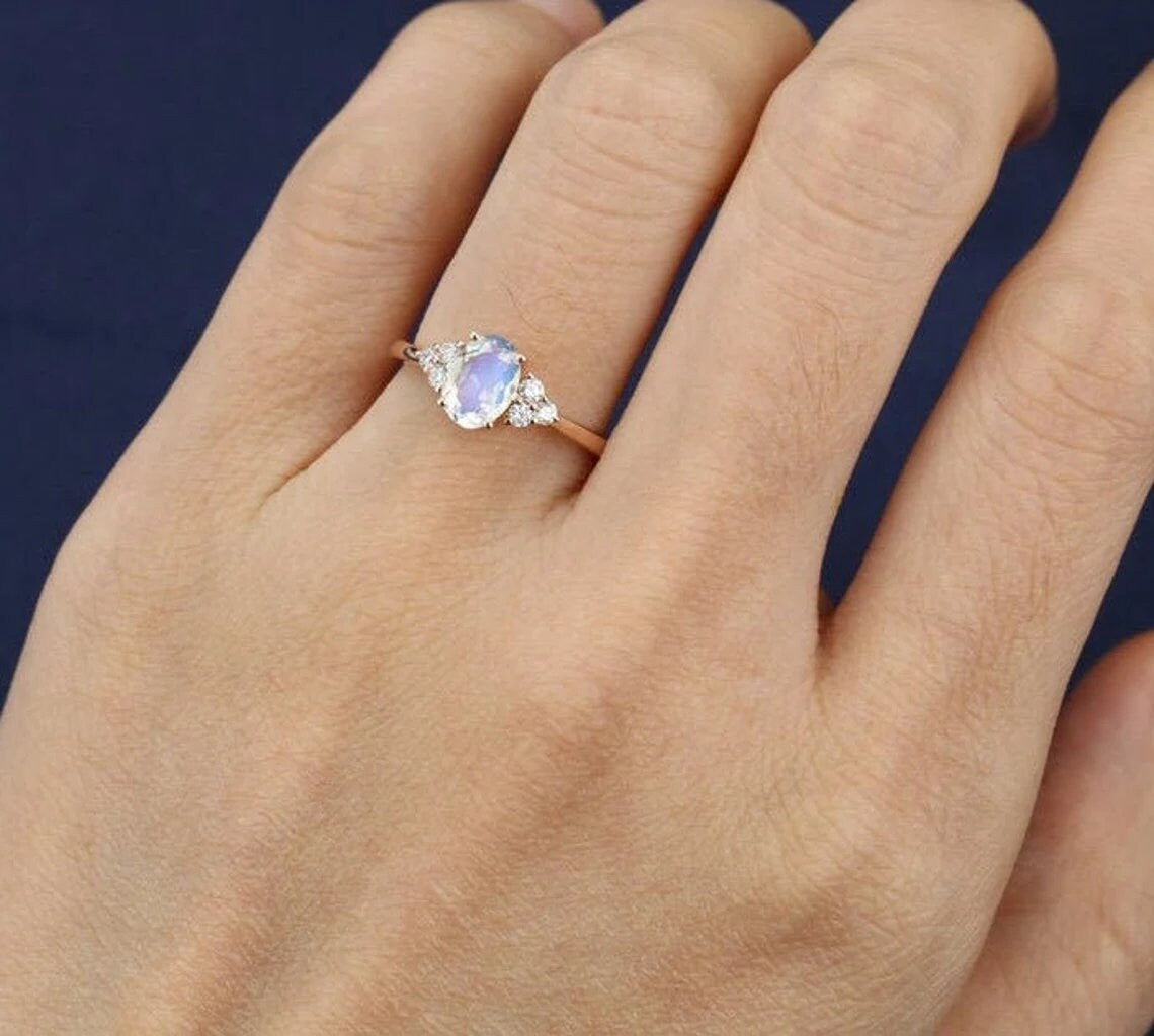 Vintage Rose Gold Moonstone Ring: Diamond Accent Twist Band