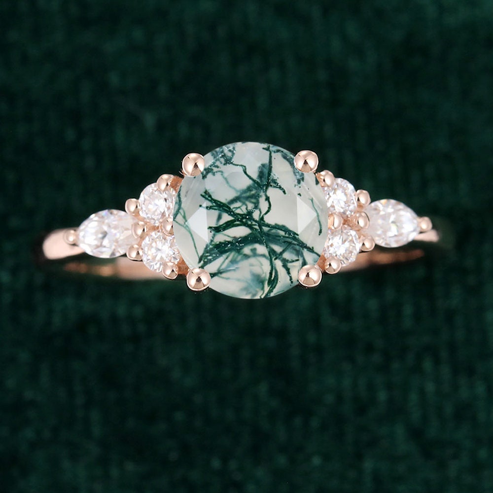 Moss Agate Marquise Cut Ring, Rose Gold Unique Engagement Ring