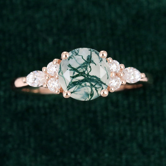 Moss Agate Marquise Cut Ring, Rose Gold Unique Engagement Ring