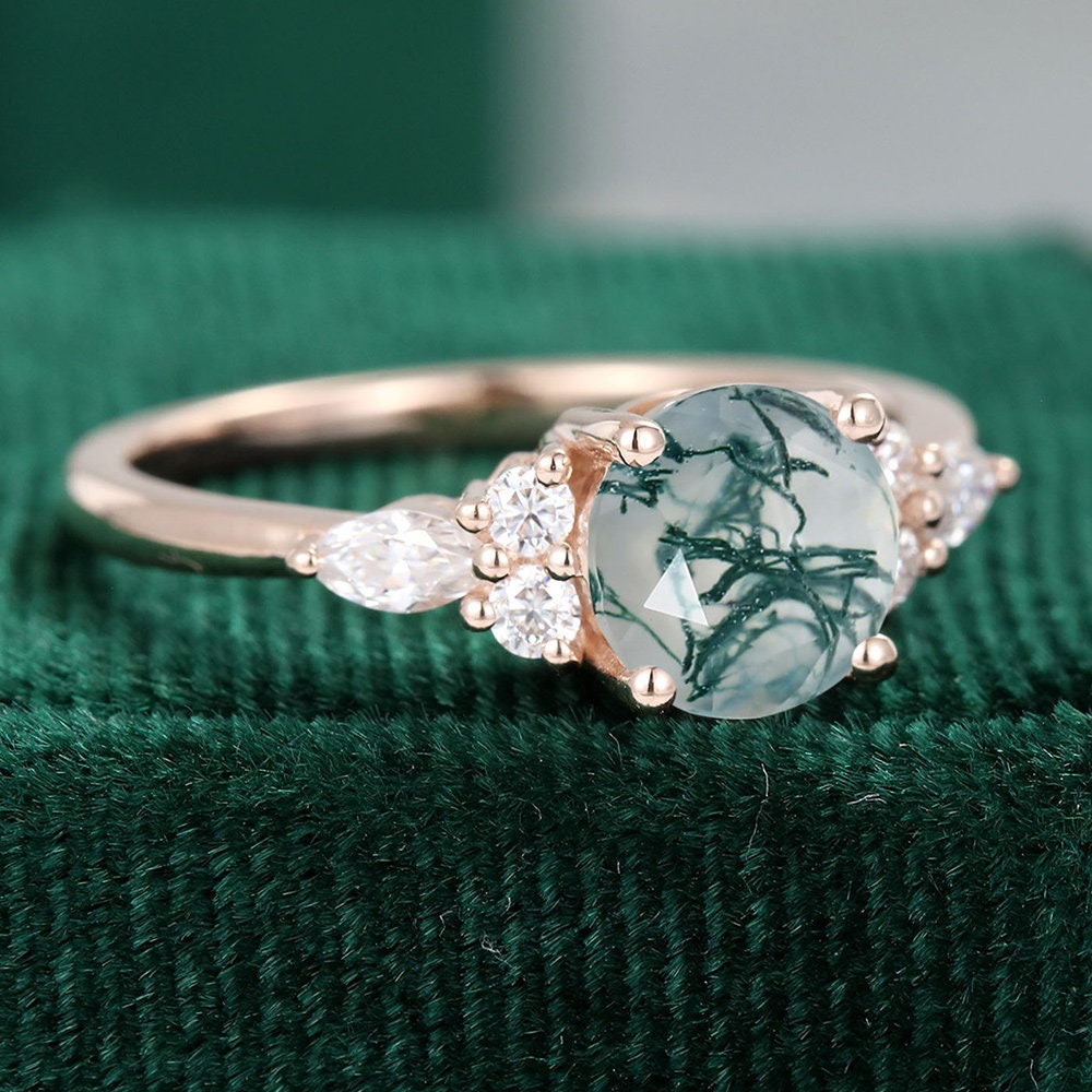 Moss Agate Marquise Cut Ring, Rose Gold Unique Engagement Ring