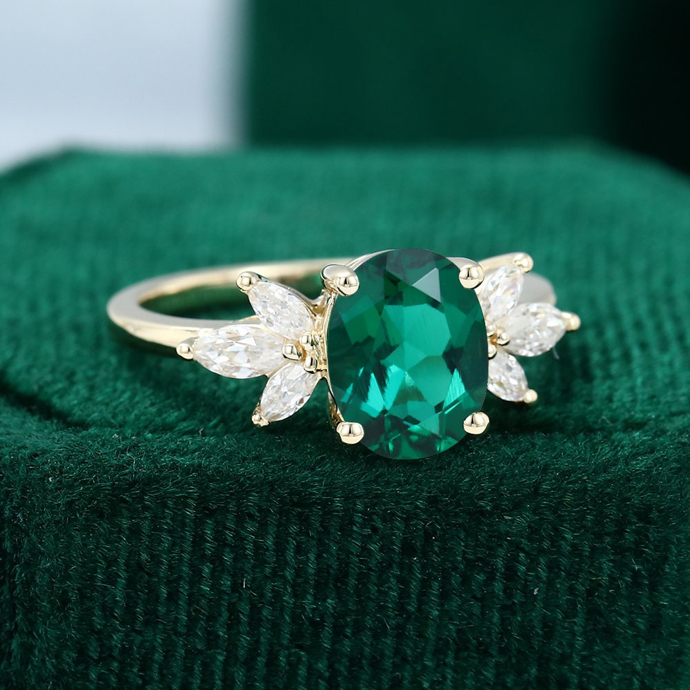Oval cut Emerald engagement ring, vintage unique marquise cut diamond cluster ring, yellow gold moissanite ring, women bridal promise gift