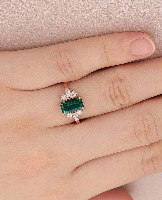 Emerald Engagement Ring Emerald Cut 14K Rose Gold Engagement Ring Cluster Ring CZ Diamond Bridal Ring Promise Ring Anniversary Gift