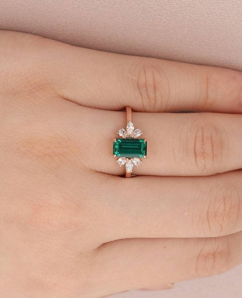 Emerald Engagement Ring Emerald Cut 14K Rose Gold Engagement Ring Cluster Ring CZ Diamond Bridal Ring Promise Ring Anniversary Gift