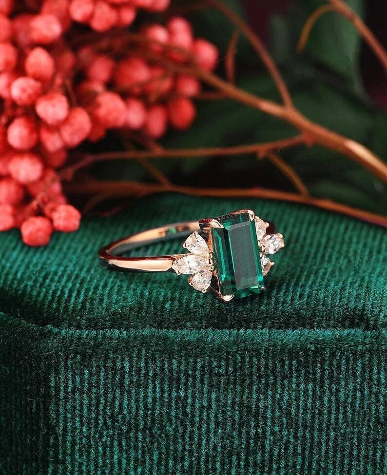 Emerald Engagement Ring Emerald Cut 14K Rose Gold Engagement Ring Cluster Ring CZ Diamond Bridal Ring Promise Ring Anniversary Gift