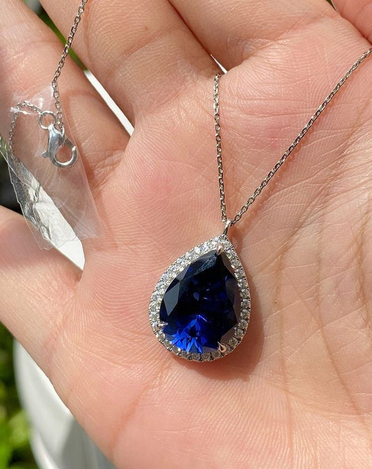 Pear Blue Sapphire Pendant Necklace: 14k Yellow Gold Teardrop