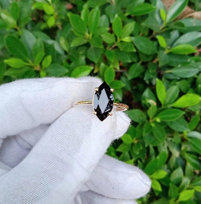Marquise Black Onyx Ring: Vintage 14k Rose Gold 925 Silver Engagement Ring