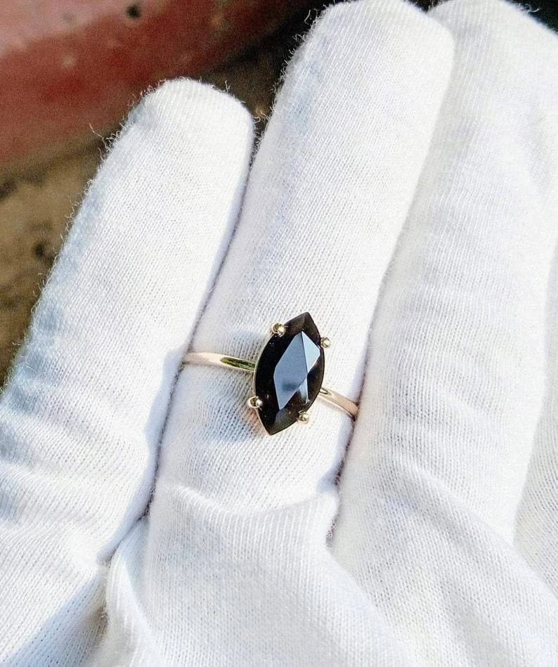 Marquise Black Onyx Ring: Vintage 14k Rose Gold 925 Silver Engagement Ring