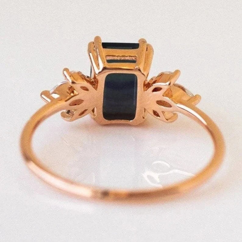 Black Onyx Engagement Ring Emerald Cut 14K Rose Gold Engagement Ring Cluster Ring Cz Diamond Ring Bridal Ring Promise Ring Anniversary Gift