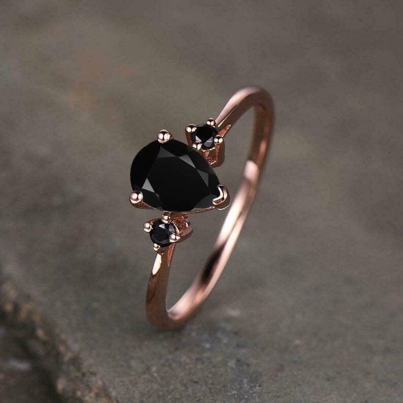 Pear Cut Black Spinel Sterling Silver Engagement Ring