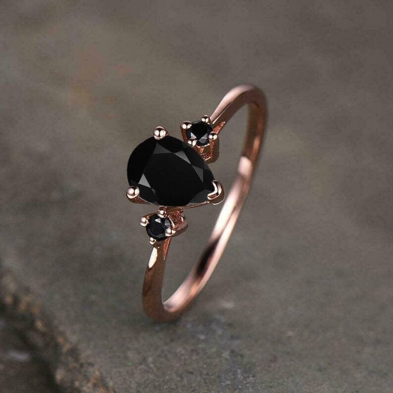 Pear Cut Black Spinel Sterling Silver Engagement Ring