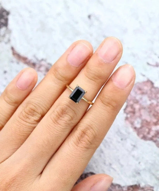 Natural Black Onyx Ring- Emerald Cut-Gold Ring- Silver Ring-Delicate Ring-Stacking Ring-Promise-Anniversary Ring for Women-Valentine's Gift]