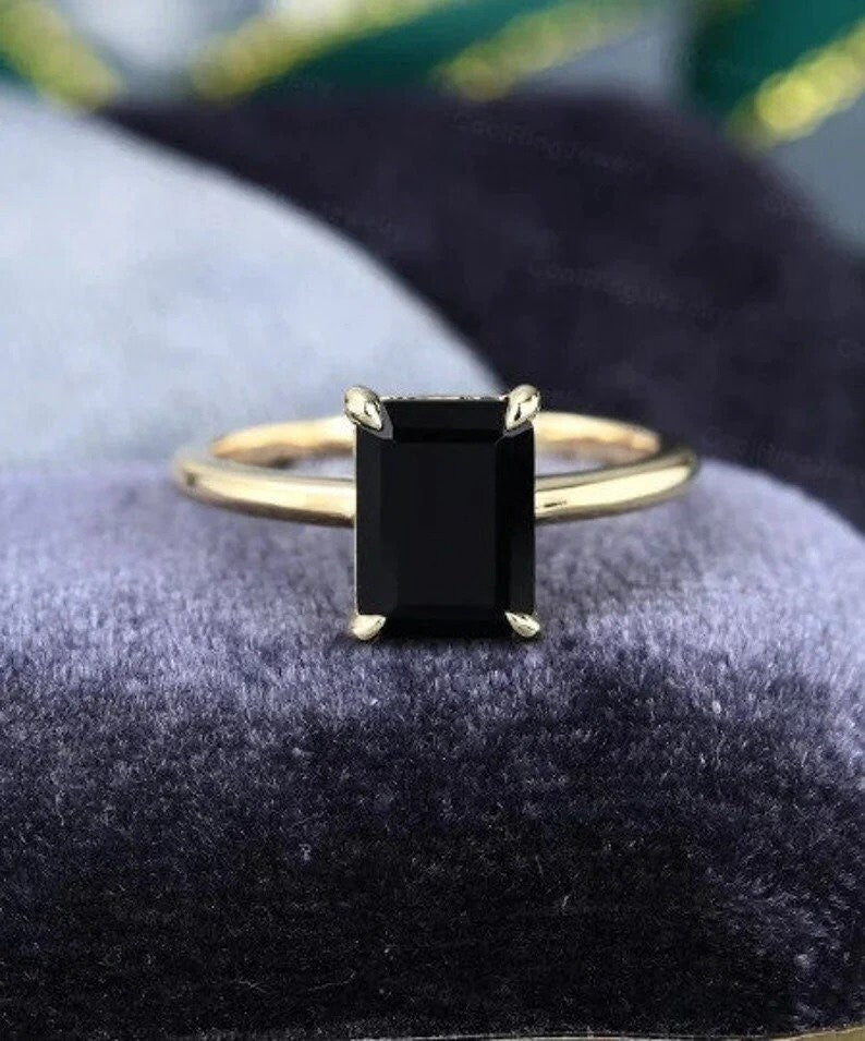 Natural Black Onyx Ring- Emerald Cut-Gold Ring- Silver Ring-Delicate Ring-Stacking Ring-Promise-Anniversary Ring for Women-Valentine's Gift]