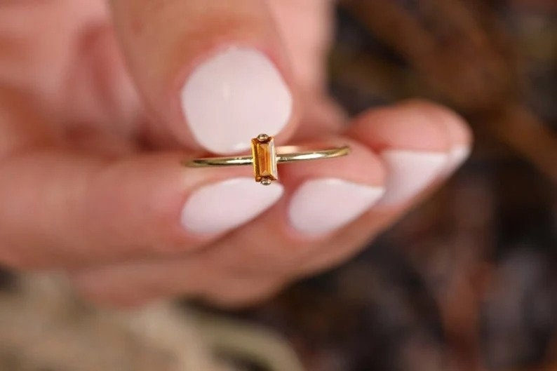 Baguette Ring-Multi Stone Ring-Dainty Peridot Ring-Sterling Silver Ring-Stacking Ring-Minimalist Ring-Delicate Ring-Rose Gold Plated Ring