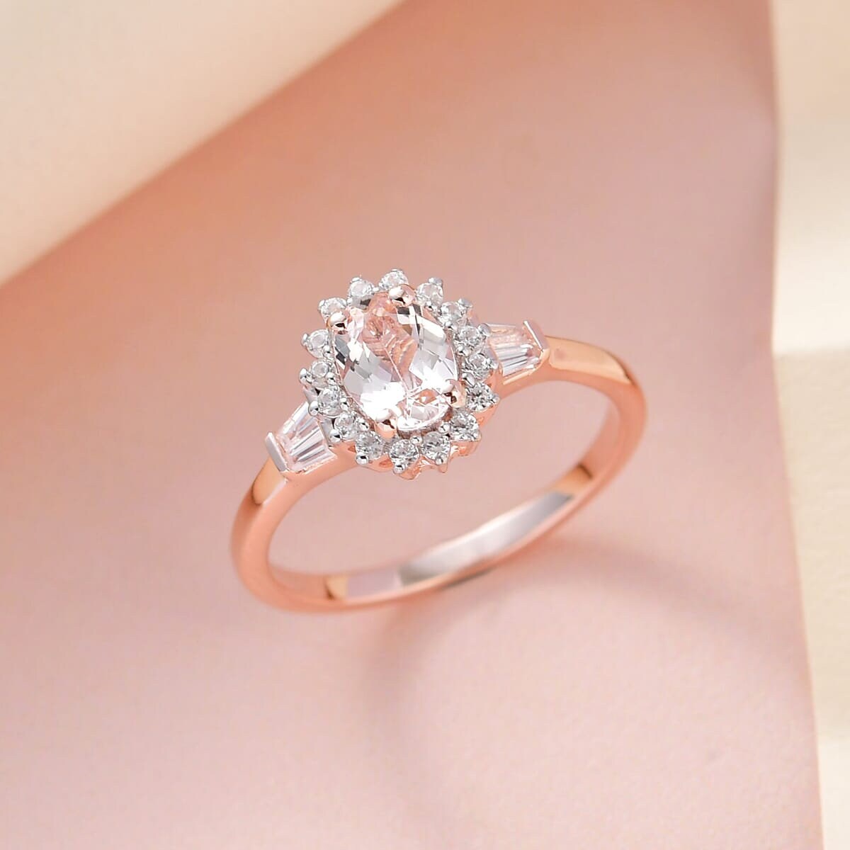 Oval Morganite engagement ring set Rose gold Vintage Halo Diamond Moissanite Wedding band Art deco Half Eternity band Anniversary ring
