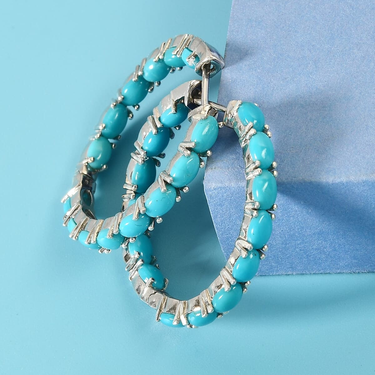 6.60 ctw Natural Arizona Sleeping Beauty Turquoise Inside Out Hoop Earrings in Platinum Over Sterling Silver Turquoise Jewelry Gift For Her