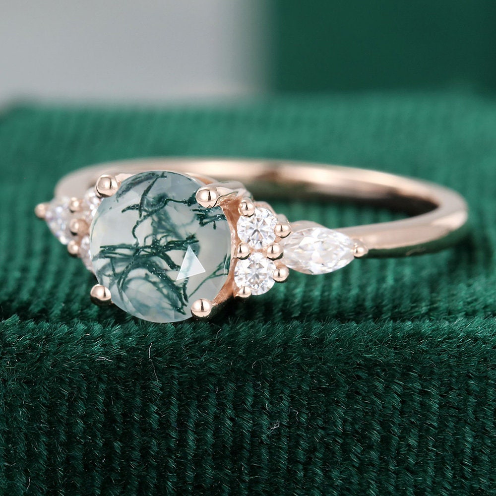 Moss Agate Marquise Cut Ring, Rose Gold Unique Engagement Ring