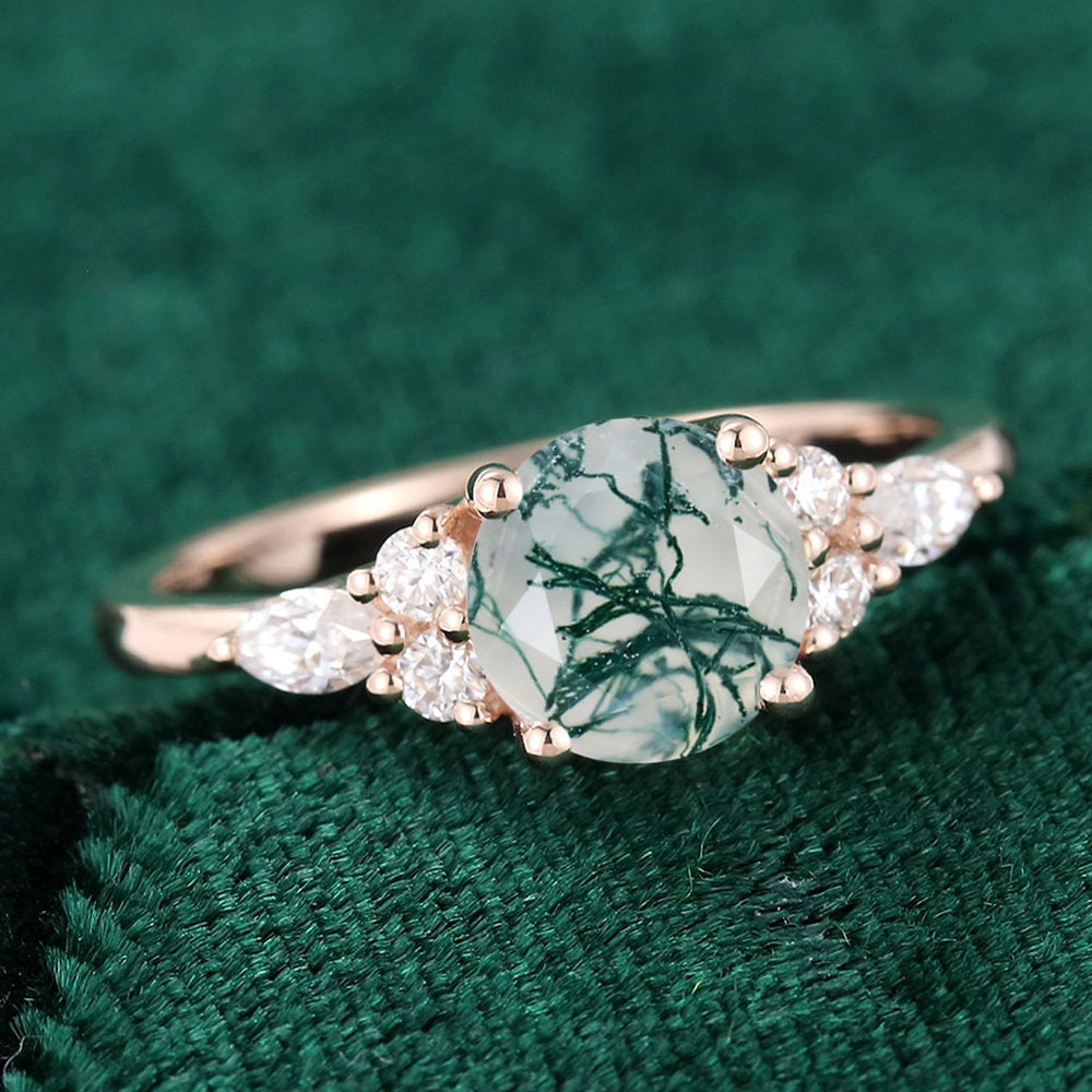 Moss Agate Marquise Cut Ring, Rose Gold Unique Engagement Ring