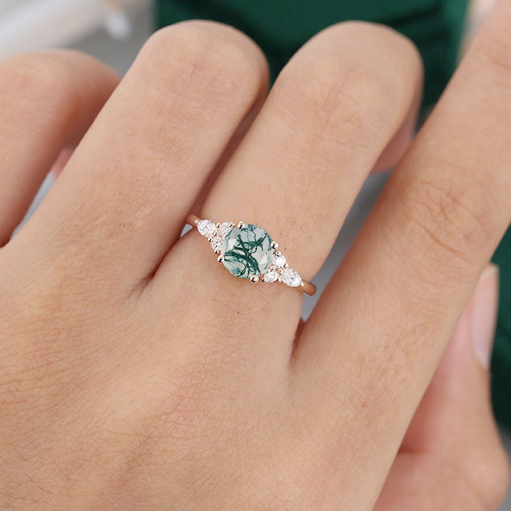 Moss Agate Marquise Cut Ring, Rose Gold Unique Engagement Ring