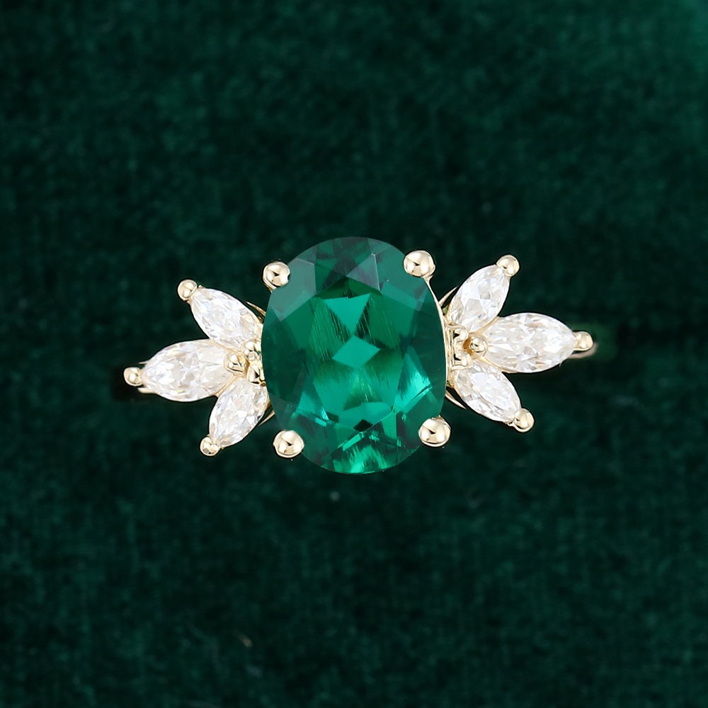 Oval cut Emerald engagement ring, vintage unique marquise cut diamond cluster ring, yellow gold moissanite ring, women bridal promise gift