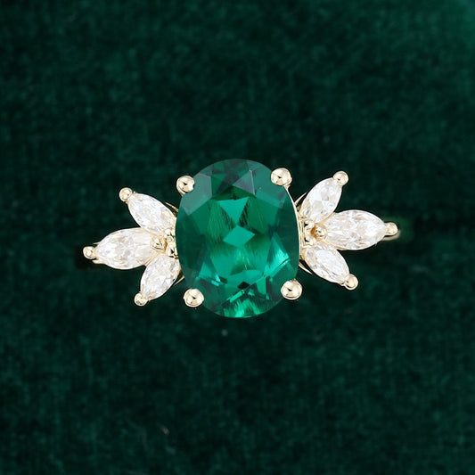 Oval cut Emerald engagement ring, vintage unique marquise cut diamond cluster ring, yellow gold moissanite ring, women bridal promise gift