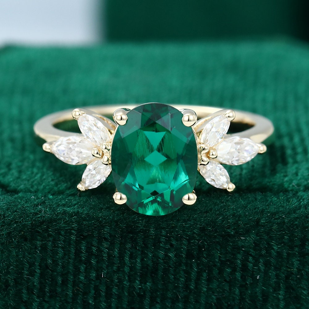 Oval cut Emerald engagement ring, vintage unique marquise cut diamond cluster ring, yellow gold moissanite ring, women bridal promise gift