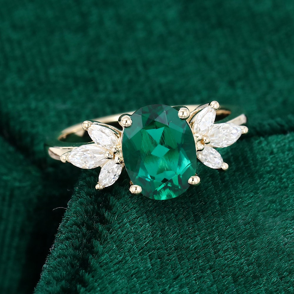 Oval cut Emerald engagement ring, vintage unique marquise cut diamond cluster ring, yellow gold moissanite ring, women bridal promise gift