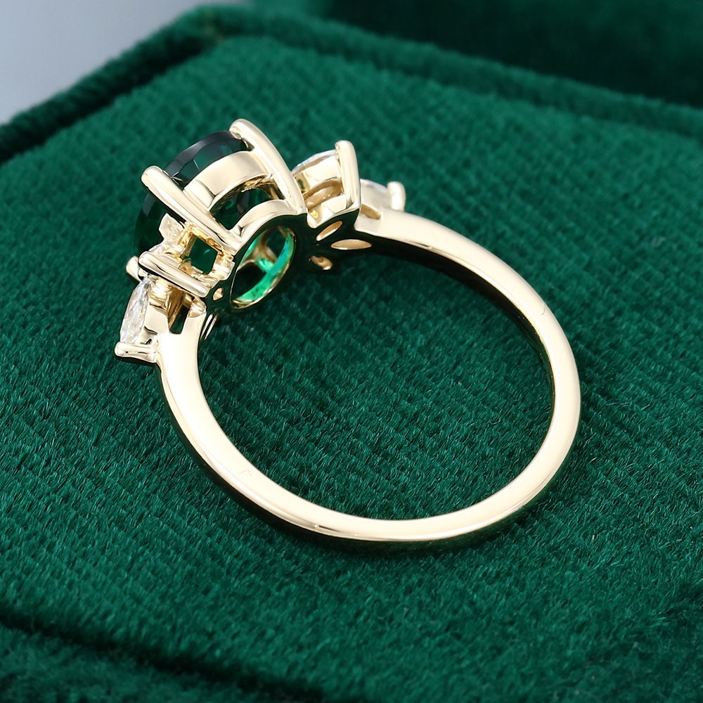 Oval cut Emerald engagement ring, vintage unique marquise cut diamond cluster ring, yellow gold moissanite ring, women bridal promise gift