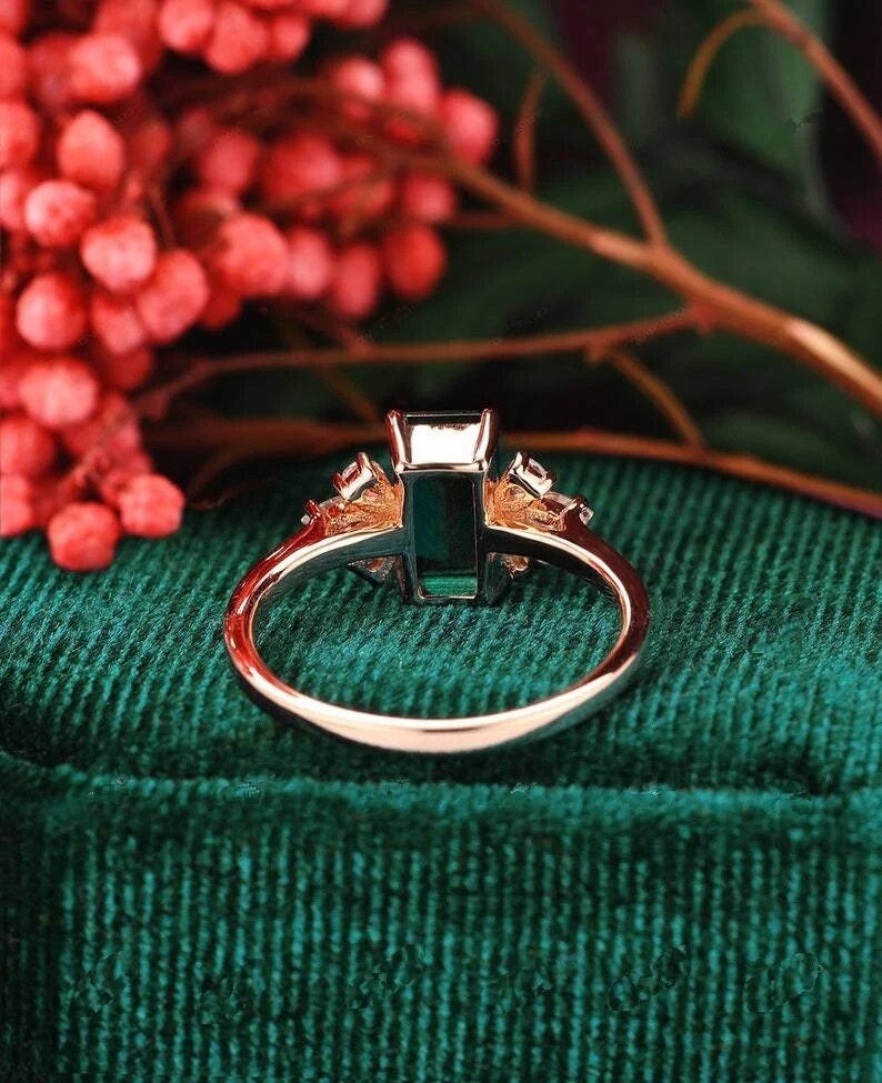 Emerald Engagement Ring Emerald Cut 14K Rose Gold Engagement Ring Cluster Ring CZ Diamond Bridal Ring Promise Ring Anniversary Gift