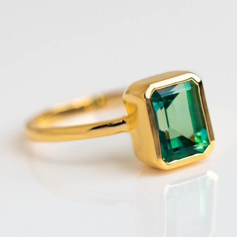 Emerald Engagement Ring 4ct Emerald Cut 14K Gold Engagement Ring Cluster Ring CZ Diamond Bridal Ring Promise Ring Anniversary Gift