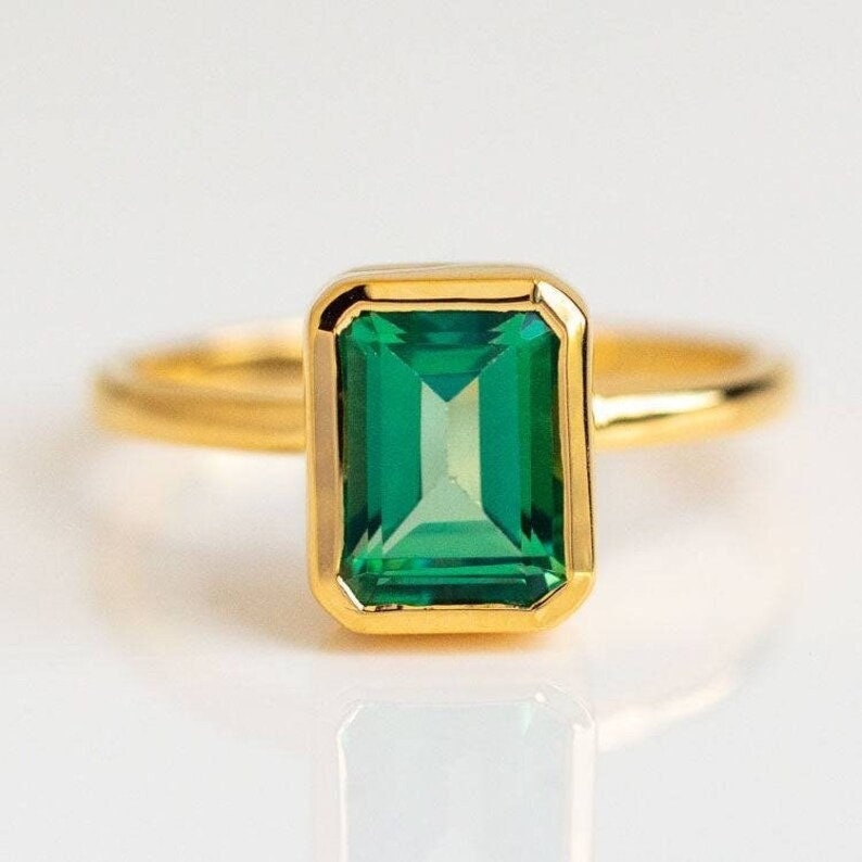 Emerald Engagement Ring 4ct Emerald Cut 14K Gold Engagement Ring Cluster Ring CZ Diamond Bridal Ring Promise Ring Anniversary Gift