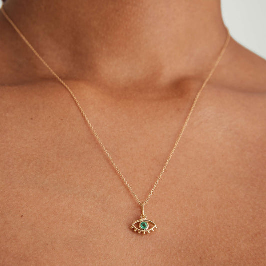 Evil Eye Necklace / 14k Gold Evil Eye Necklace / Diamond Evil Eye with Emerald / Good Luck Necklace / Evil Eye Charm / Mothers Day Sale