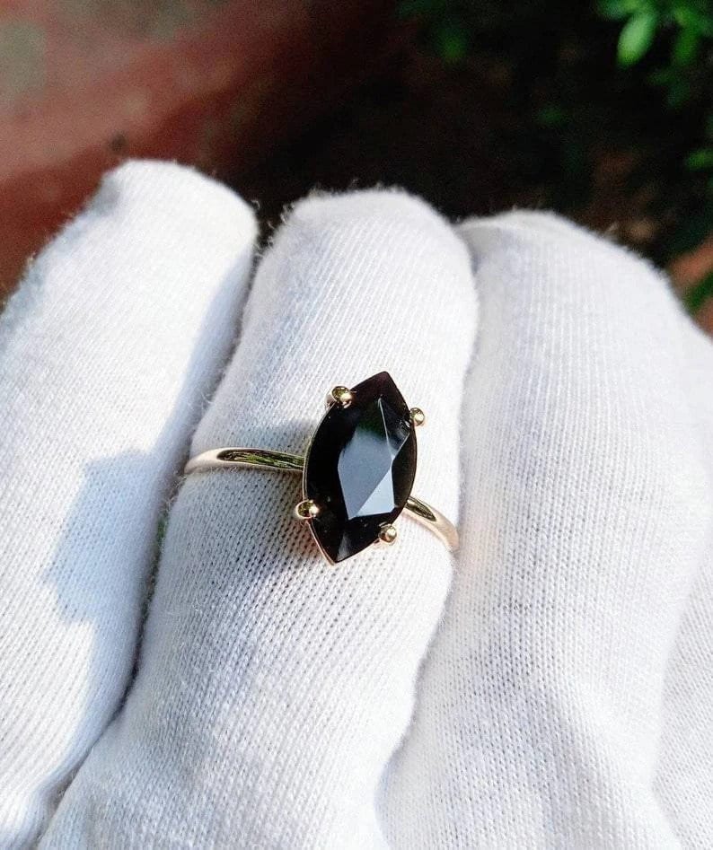 Marquise Black Onyx Ring: Vintage 14k Rose Gold 925 Silver Engagement Ring