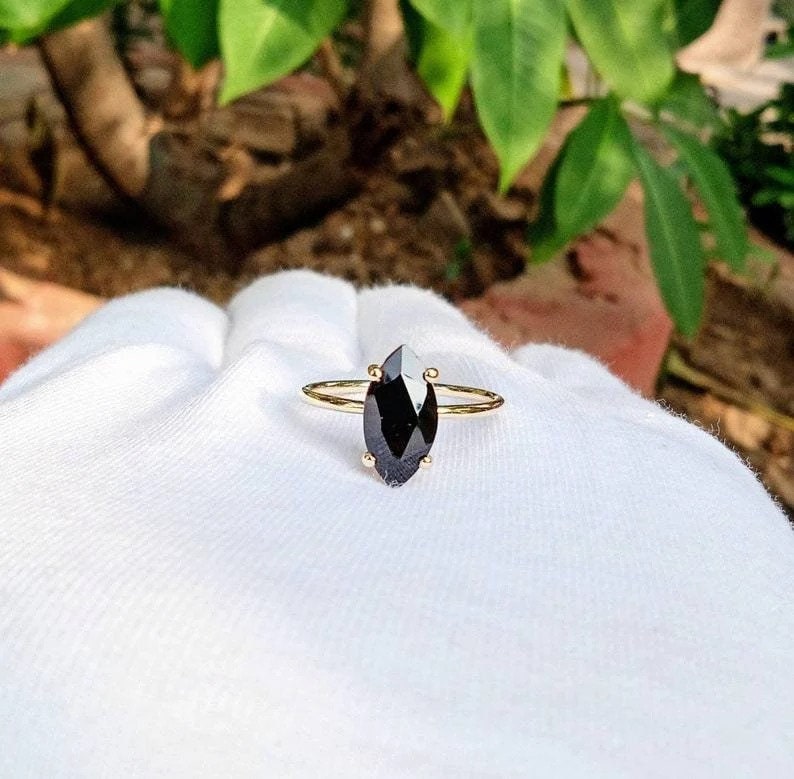Marquise Black Onyx Ring: Vintage 14k Rose Gold 925 Silver Engagement Ring