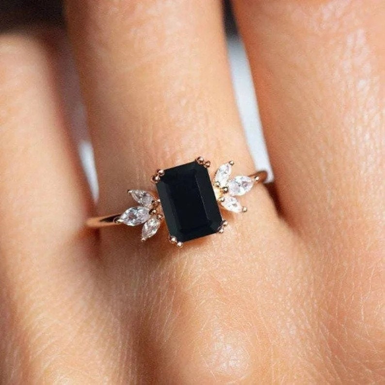 Black Onyx Engagement Ring Emerald Cut 14K Rose Gold Engagement Ring Cluster Ring Cz Diamond Ring Bridal Ring Promise Ring Anniversary Gift
