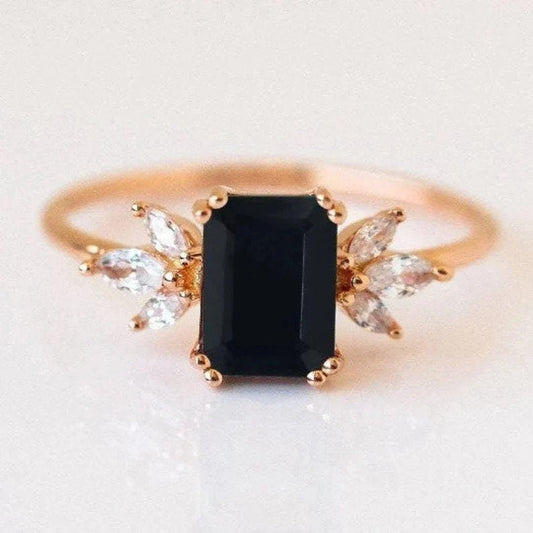 Black Onyx Engagement Ring Emerald Cut 14K Rose Gold Engagement Ring Cluster Ring Cz Diamond Ring Bridal Ring Promise Ring Anniversary Gift