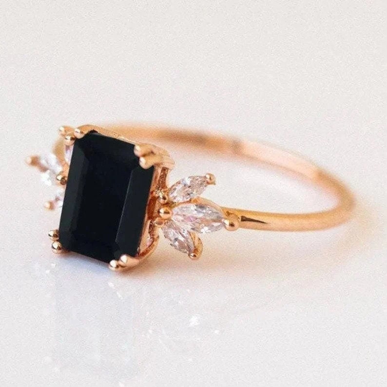 Black Onyx Engagement Ring Emerald Cut 14K Rose Gold Engagement Ring Cluster Ring Cz Diamond Ring Bridal Ring Promise Ring Anniversary Gift