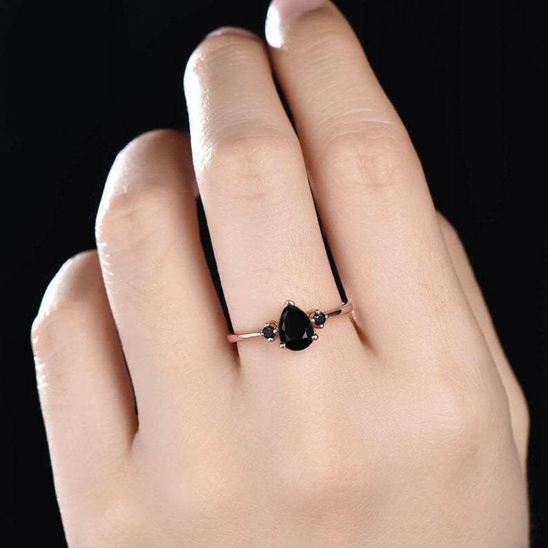 Pear Cut Black Spinel Sterling Silver Engagement Ring