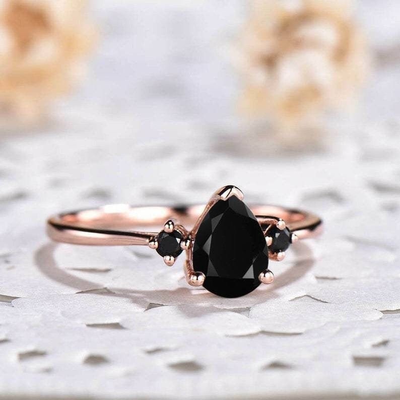 Pear Cut Black Spinel Sterling Silver Engagement Ring