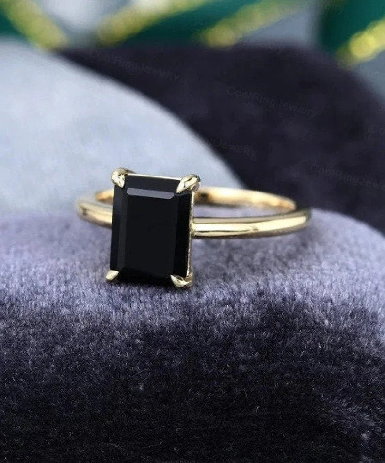 Natural Black Onyx Ring- Emerald Cut-Gold Ring- Silver Ring-Delicate Ring-Stacking Ring-Promise-Anniversary Ring for Women-Valentine's Gift]