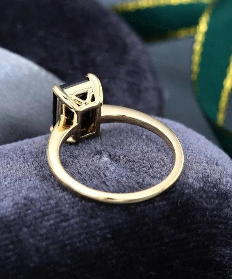 Natural Black Onyx Ring- Emerald Cut-Gold Ring- Silver Ring-Delicate Ring-Stacking Ring-Promise-Anniversary Ring for Women-Valentine's Gift]