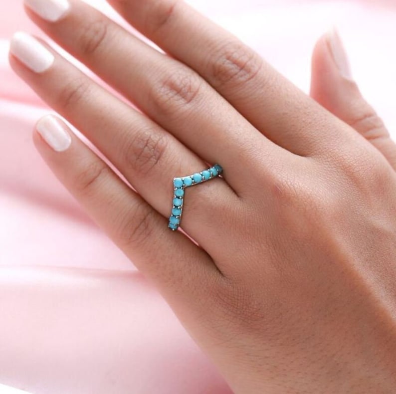 december birthstone, blue turquoise curve wedding band, white gold silver band, turquoise ring, turquoise stacking chevron band, gift idea