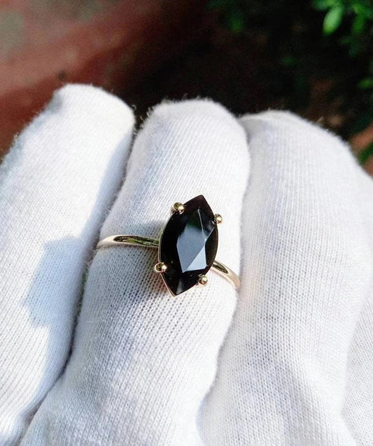 Timeless Elegance: Marquise Cut Black Onyx Diamond Ring in 925 Silver and Rose Gold, Vintage Glamour Black Onyx Engagement Ring