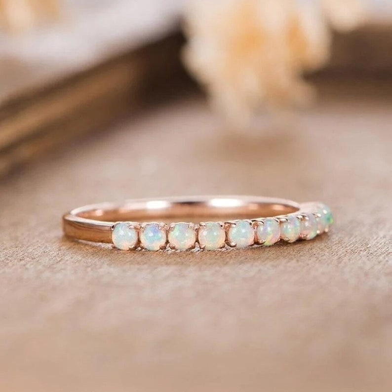opal wedding band, fire opal ring, opal eternity band, october birthstone, anniversary gift for women, matching band,  opal promise band